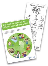 Collage: Wer wei es: Was tut den Zhnen gut und was nicht?  Ratebild, Zahnunfall? Erste Hilfe-Tipps und Malvorlage Jetzt ist Zahnputzzeit! 